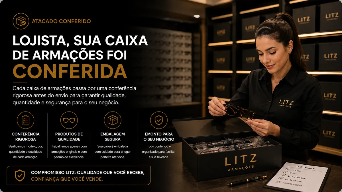 Lojista conferindo caixa de armações compradas no atacado