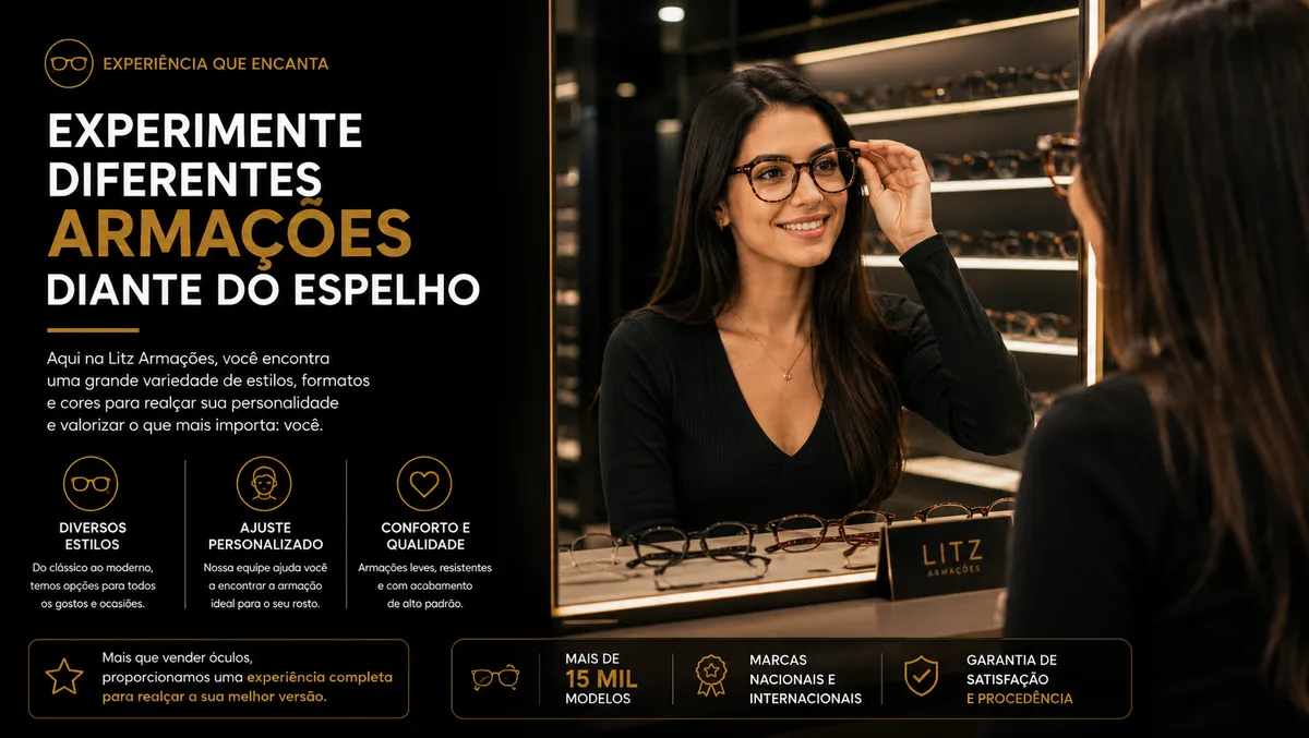 Pessoa experimentando diferentes armações de óculos diante do espelho