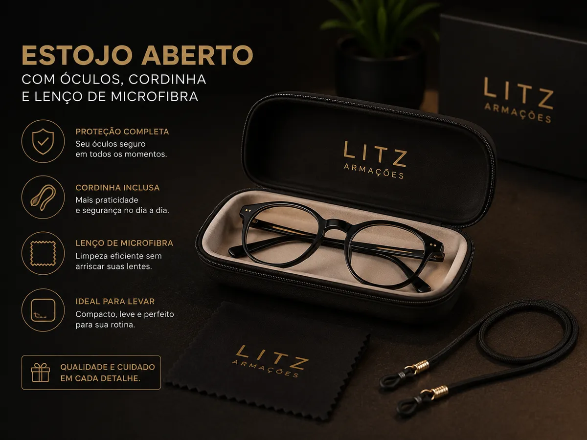 Estojo aberto com óculos, cordinha e lenço de microfibra