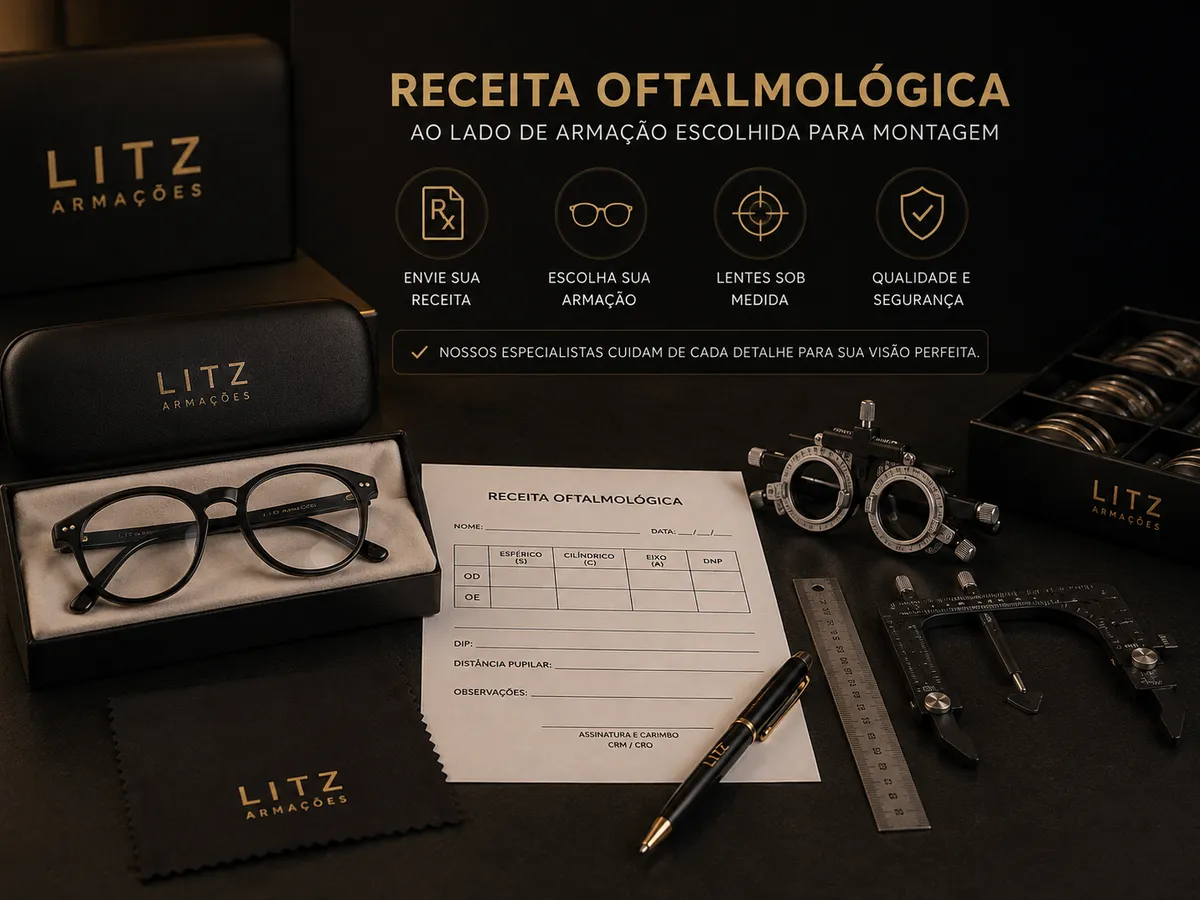 Receita oftalmológica ao lado de armação escolhida para montagem