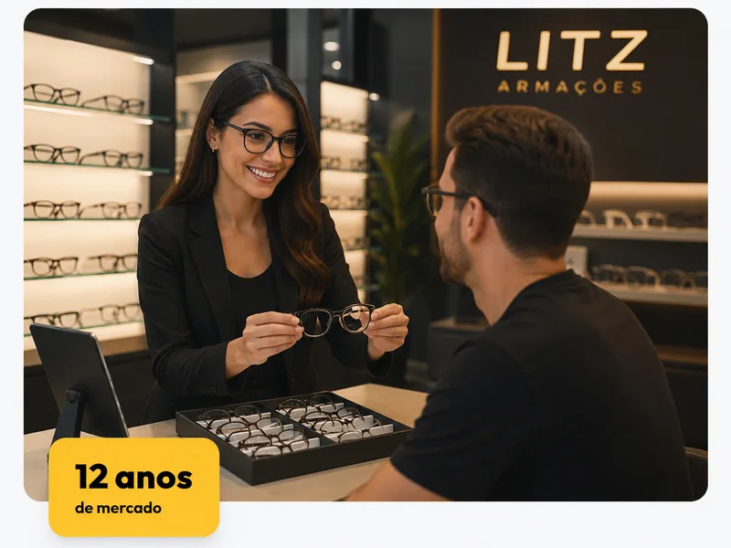 Consultora da Litz Armações apresentando armações a um cliente no showroom