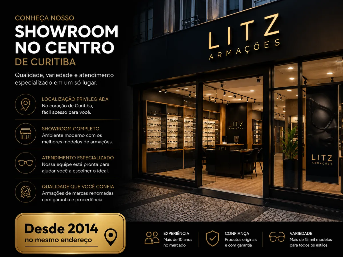 Fachada e interior do showroom da Litz Armações no Centro de Curitiba